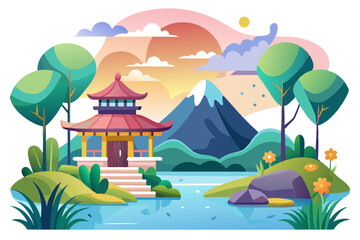 Obraz premium Traditional Asian Pagoda by a Lake with Mountain Background
