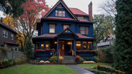 Fototapeta premium A large blue house with a red door and windows, AI