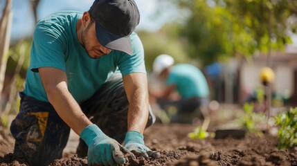 Naklejka premium Man Planting in a Garden