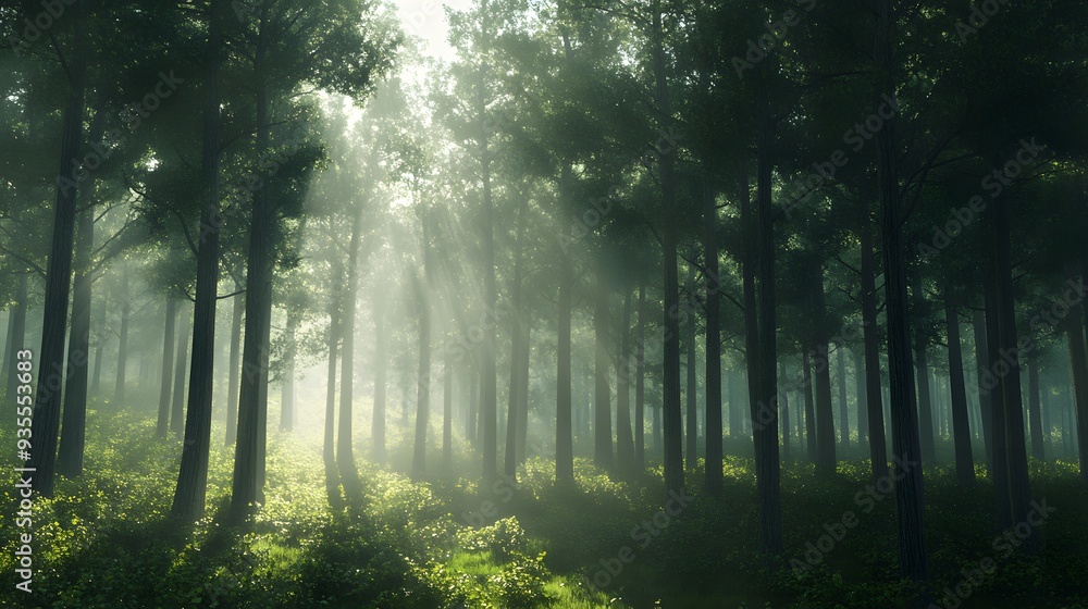 Poster 29. 3d render of a dense evergreen forest with sunlight streaming through the trees, set against a c