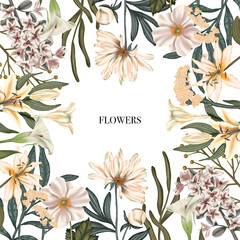 Vintage floral wreath: hand drawn botanical illustration with chrysanthemums and lilies. Watercolor flowers. Realistic botany.Flower frame. Invitation, greeting card, product advertising.