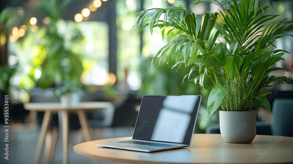 Poster Background image of cozy workplace interior with open laptop on table in foreground and green plants in spacious light office copy space : Generative AI