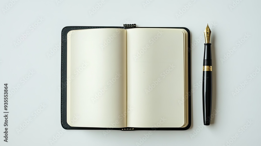 Poster clean white background with an open notebook and a classic fountain pen placed beside it