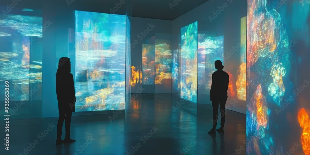 Poster two people in a gallery viewing abstract projections.
