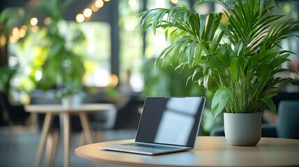 Fototapeta premium Background image of cozy workplace interior with open laptop on table in foreground and green plants in spacious light office copy space : Generative AI