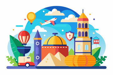 Naklejka premium Colorful Illustration of a Cityscape with Air Travel and Hot Air Balloons