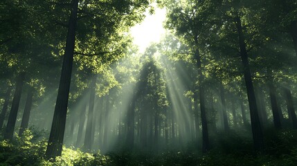 Obraz premium 29. 3D render of a dense evergreen forest with sunlight streaming through the trees, set against a clear, isolated backdrop