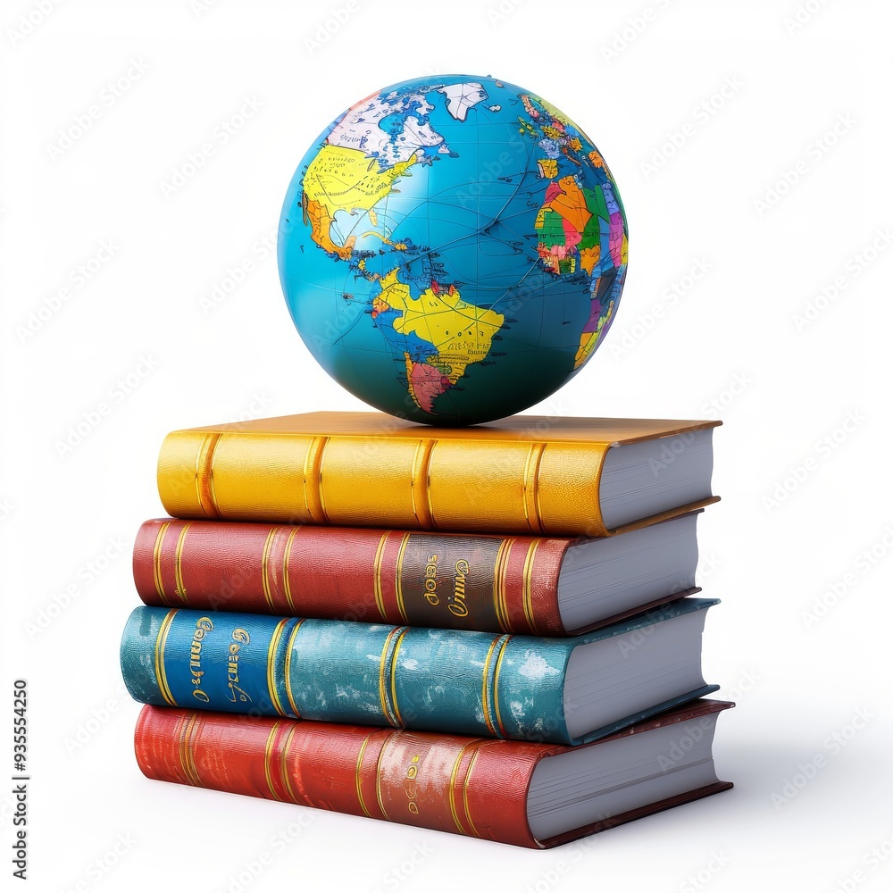 Poster cartoon 3d stack of books with a globe on top symbolizing global knowledge isolated white background