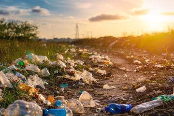 The image depicts a polluted landscape filled with plastic waste and other litter scattered along a dirt path in a natural environment, with the sun setting in the background. 