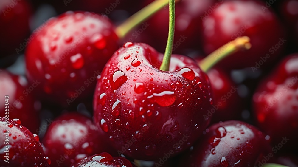 Poster Red cherries are small juicy fruits with a vibrant red hue Bursting with sweet flavor theyre a summertime favorite perfect for snacking straight from the tree or adding a pop of color  : Generative AI