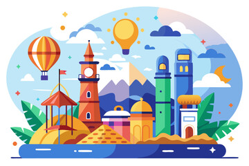 Colorful Cityscape with Towers, Hot Air Balloon, and Sun