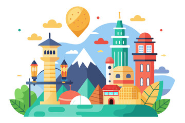 Colorful Cityscape with Towers, Mountain, and Pinpoint Location Marker