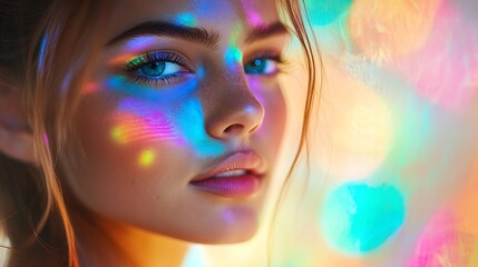 Fototapeta premium High Fashion model girl in colorful bright neon lights posing in studio through transparent film Portrait of beautiful sexy woman in UV Art design colorful make up On colourful vivid b : Generative AI