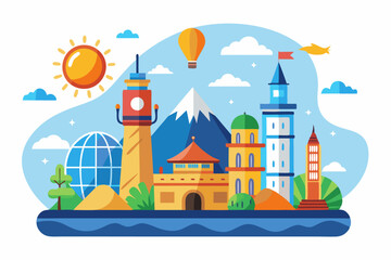 A Colorful Cityscape with Buildings, a Mountain, a Hot Air Balloon, and a Sun