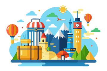 Cityscape Illustration with Buildings, Mountains, and Transportation