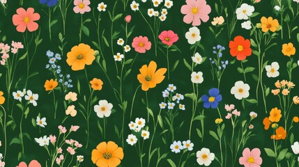 A Colorful Wildflower Meadow on a Dark Green Background, Watercolor, Floral Pattern, Nature , Meadow , Botanical