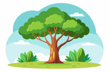Cartoon Illustration of a Large Tree in a Grassy Meadow with Blue Sky and White Clouds
