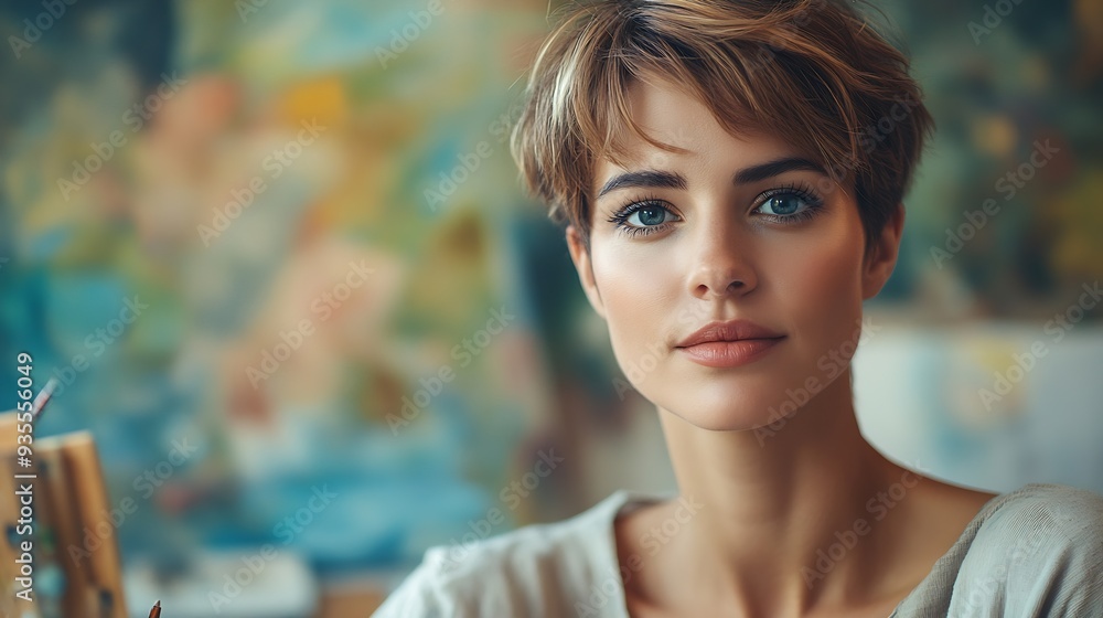 Poster A very pretty woman with a short haircut is working hard trying to think of something to paint and add on the canvas in front of her : Generative AI
