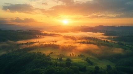 Obraz premium Beautiful sunset sky over green misty landscape hills : Generative AI