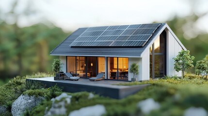  3D model miniature smart home with solar panels rooftop 