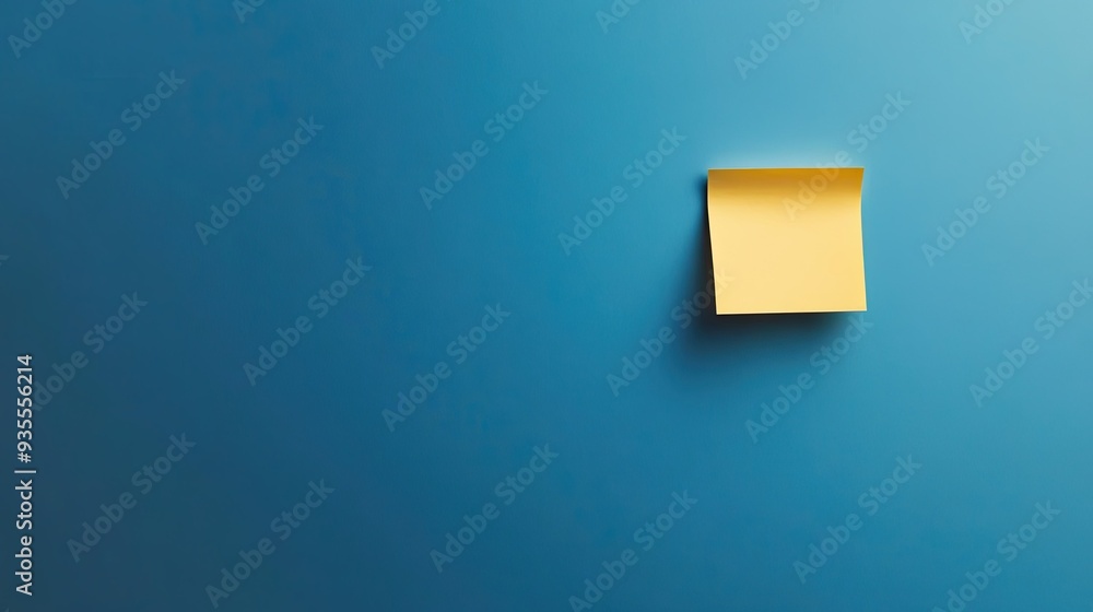Poster minimalist blue background featuring a single yellow sticky note, perfectly placed and slightly curl