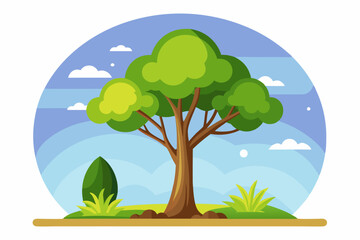 Obraz premium A Tall Tree in a Sunny Meadow with Blue Sky and Clouds