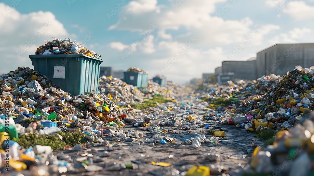 Poster 11. 3d visualization of an overfilled recycling center with improperly sorted waste and overflowing 