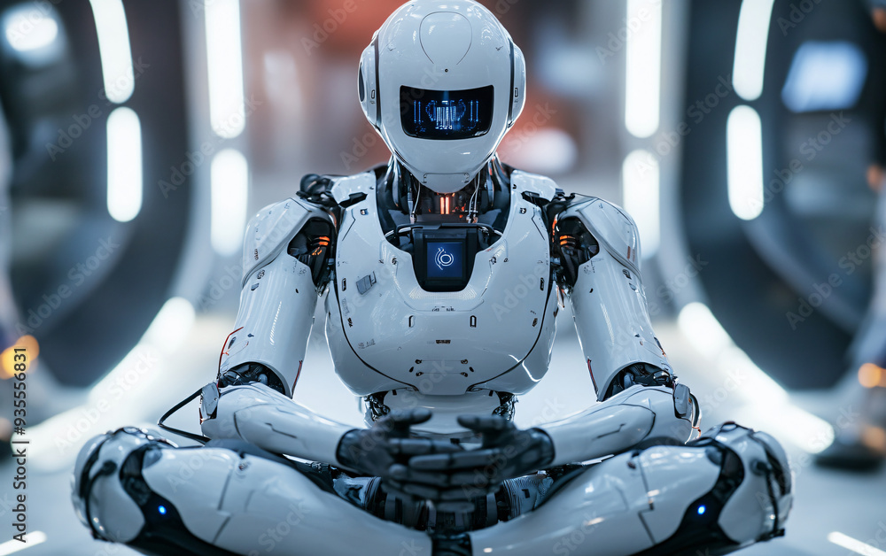 Poster humanoid robot sitting cross-legged in a futuristic environment. studio sci-fi portrait. artificial 