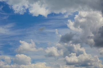 Different sized clouds in blue sky, airy clouds on blue sky background