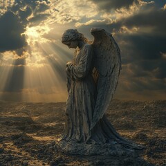 Fototapeta premium A Solemn Angel Resting in a Moody Landscape Under Dramatic Clouds