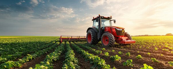 A red tractor plowing a field under the early morning sun, showcasing modern agricultural machinery and farming practices.