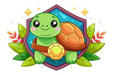 Obraz premium Cute Cartoon Turtle with Gemstone Holding a Shield Surrounded by Leaves