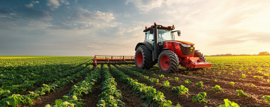 Fototapeta A red tractor plowing a field under the early morning sun, showcasing modern agricultural machinery and farming practices.