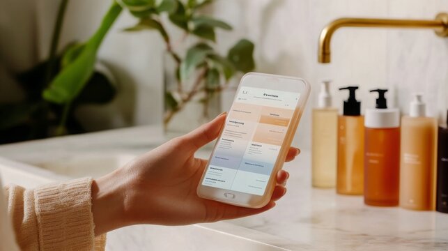 A person checks a health application on their smartphone while surrounded by skincare products on a marble countertop in a modern bathroom. - Powered by Adobe