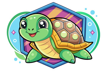 Obraz premium Cartoon Turtle with a Hexagonal Frame and a Colorful Background