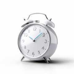 A white alarm clock with a blue second hand, placed on a white background, symbolizing modern simplicity and time awareness.