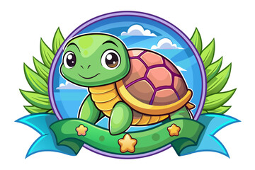Fototapeta premium Cute Cartoon Turtle with Green Leaves and Blue Ribbon