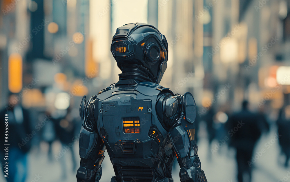 Aufkleber futuristic black humanoid robot in a crowded cyberpunk city. rear view of robotic figure with illumi