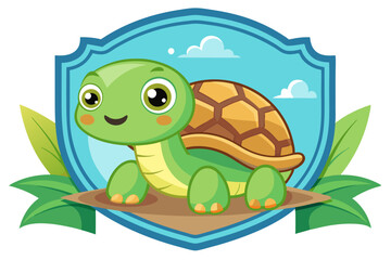 Fototapeta premium Cartoon Turtle in a Blue Shield with Green Leaves