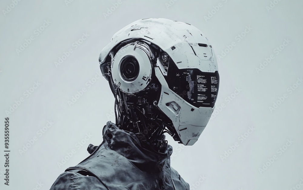 Poster futuristic humanoid robot with white helmet and mechanical body. studio sci-fi portrait. robotics an