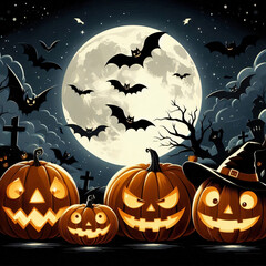 Fototapeta premium Halloween spooky full moon night with pumpkins and flying bats