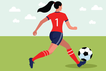 flat vector female football soccer player athlete dribbling the ball. back view. theme of sport, football, women. vector flat illustration