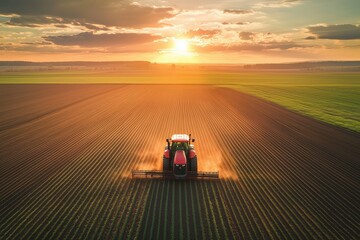 Tractor plowing fields during sunset in an expansive rural landscape