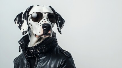 Dalmatian dog dressed up in black jacket with dark sunglasses isolated on white background Rocker...