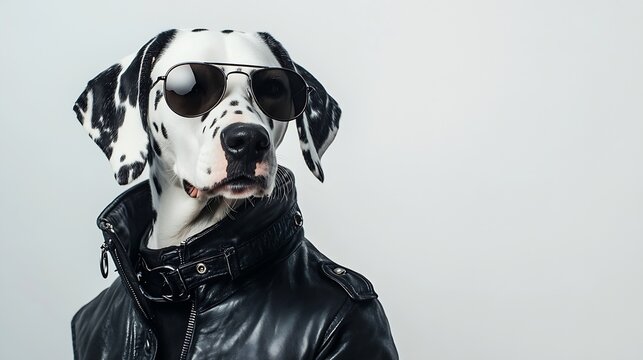 Dalmatian dog dressed up in black jacket with dark sunglasses isolated on white background Rocker dog ool biker dog Copy space : Generative AI