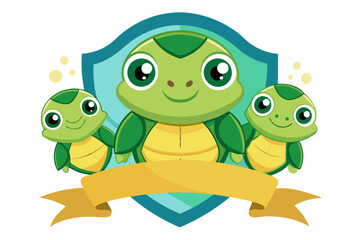 Fototapeta premium Cute Cartoon Turtles with a Yellow Banner Inside a Blue Shield