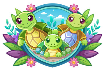 Obraz premium Three Cartoon Turtles Surrounded by Flowers and Leaves