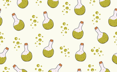 Funny Halloween seamless pattern in trendy groovy retro 70s style. Y2k collection. Cute Potion. Retro y2k cartoon style. Fun pumpkin character. Vector illustration.