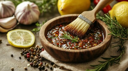 A vibrant marinade in a wooden bowl, garlic, rosemary, lemon, and a basting brush inspire culinary creativity.