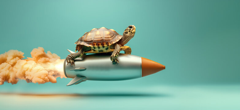 Turtle humorously riding a rocket in a surreal, imaginative scene against a minimalistic, pastel background